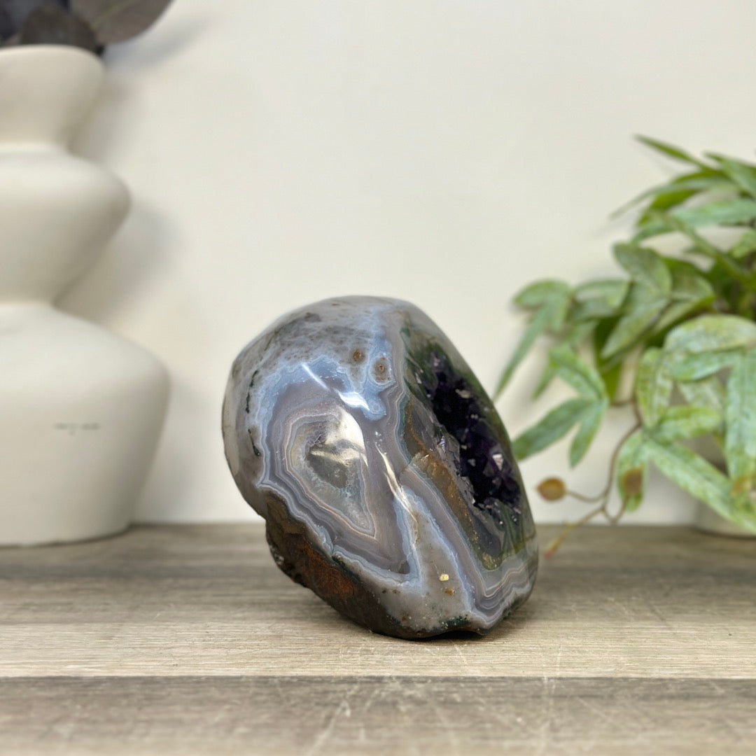 Deep Purple Amethyst &amp; Blue Banded Agate Stone Geode from Uruguay - STGE0063