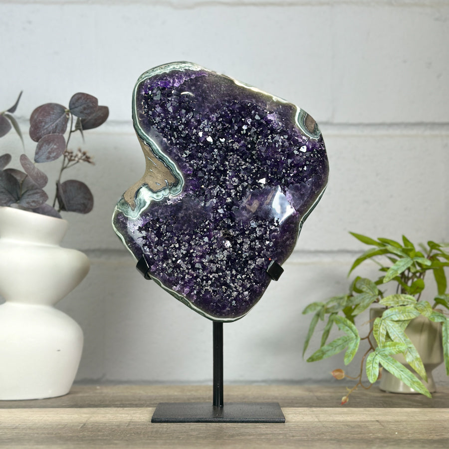 Top Quality Natural Amethyst Crystal Cluster with Green Jasper - Stand Included - MWS3153