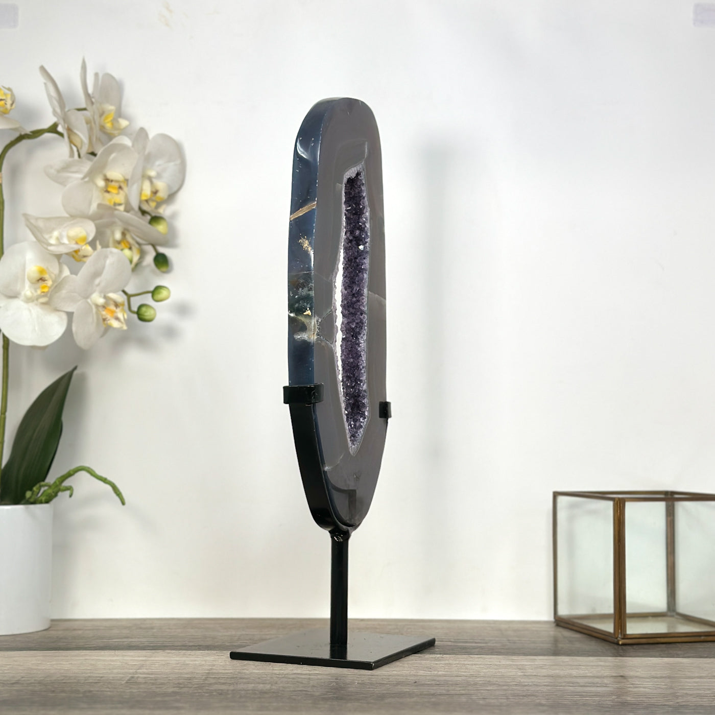 Agate Slice with Amethyst Crystals on Stand for Home Decor Display - MWS2674