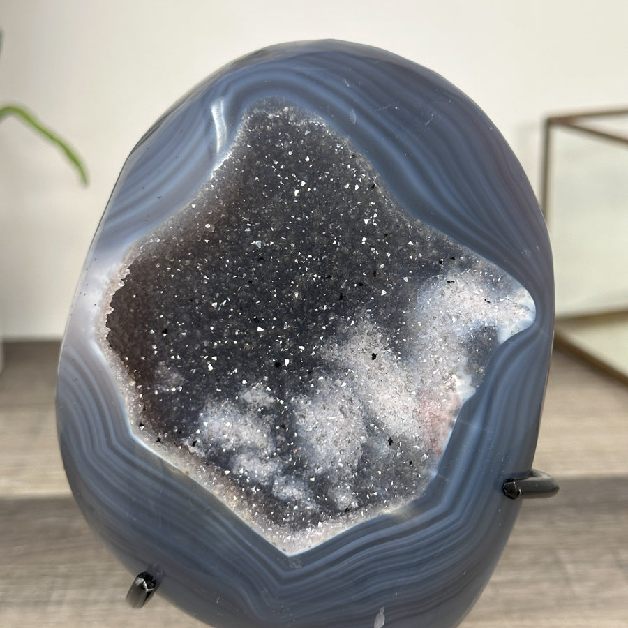 Agate Geode with Druzy Crystals on Stand – Natural Stone Display Piece - MWS2862