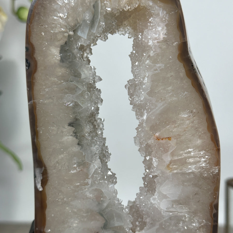 Beautiful Natural Quartz Geode Slice, Crystal Portal with Metallic Stand - MWS1953