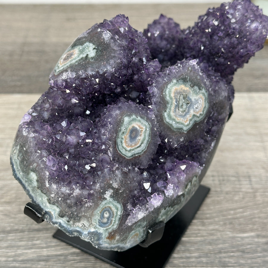 Deep Purple Amethyst Geode on Metal Stand With Green Jasper Shell - MWS2720