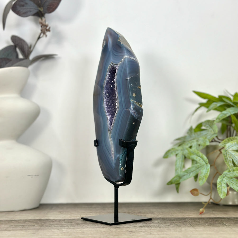 Blue Banded Agate &amp; Amethyst Geode Slice Portal - MWS3247