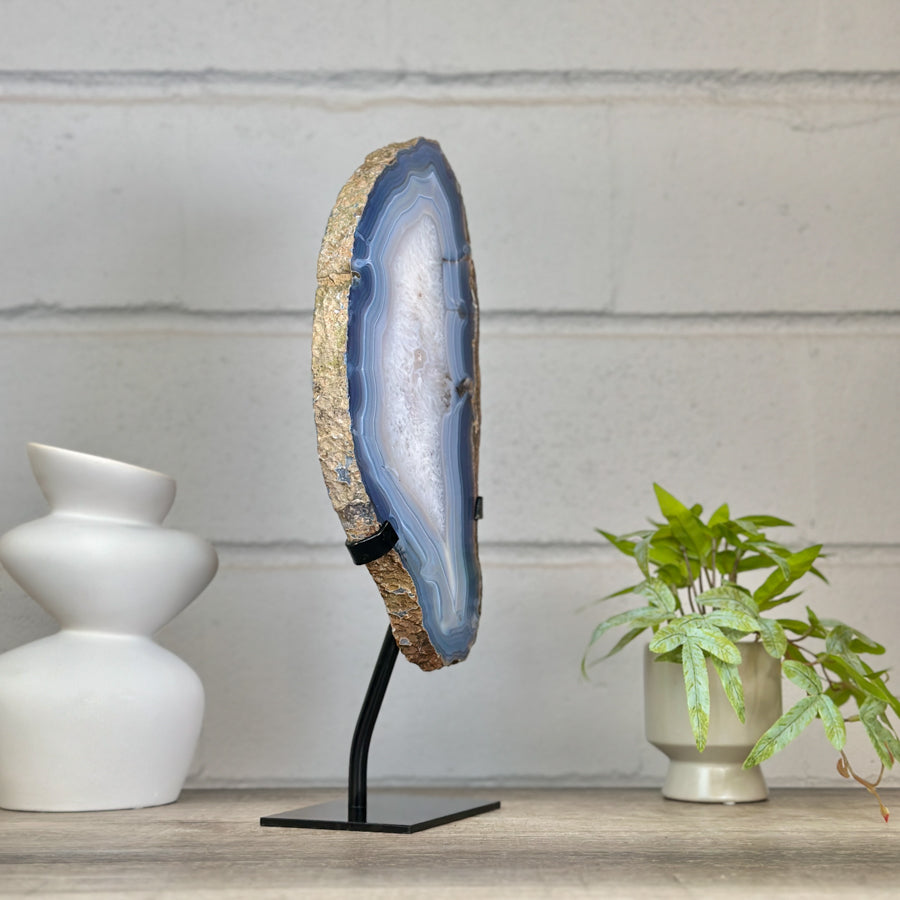 XXL Natural Blue Banded Agate &amp; Quartz Stone Slice on Stand - MWS3043