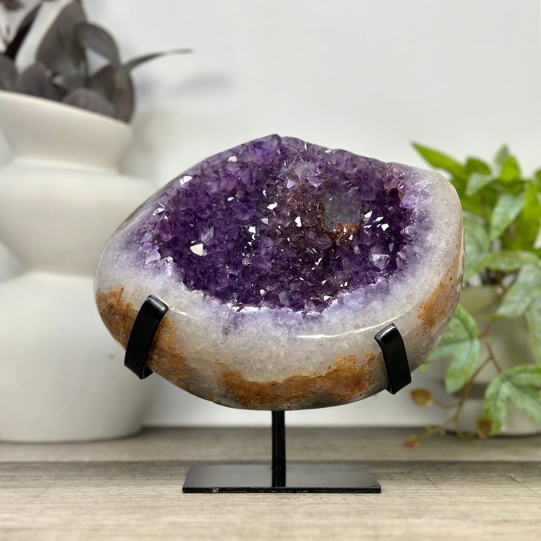 Unique Natural Amethyst Geode with Quartz Shell on Stand - MWS3313