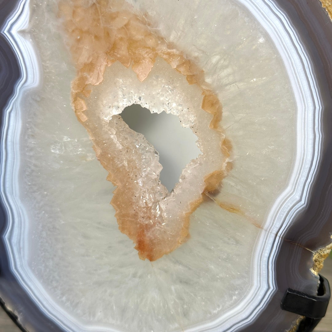 Blue Banded Agate &amp; Quartz Slice Portal on Metal Stand - MWS3290