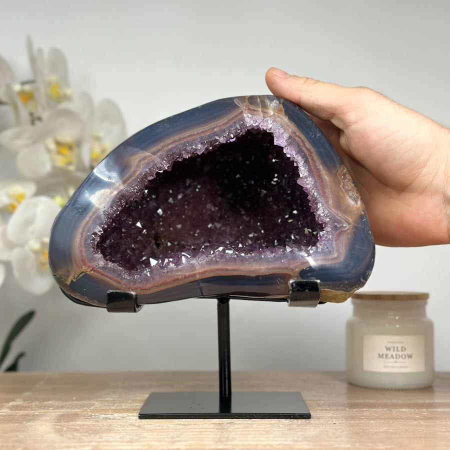 Stunning Amethyst Geode with Blue Banded Agate Shell, Metallic Stand - Perfect Meditation Spaces - MWS1634