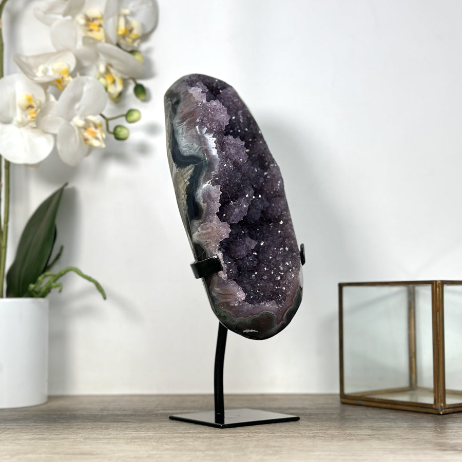 Natural Amethyst &amp; Agate Geode full of Stalactite Formations - Metallic Stand Included - MWS2564