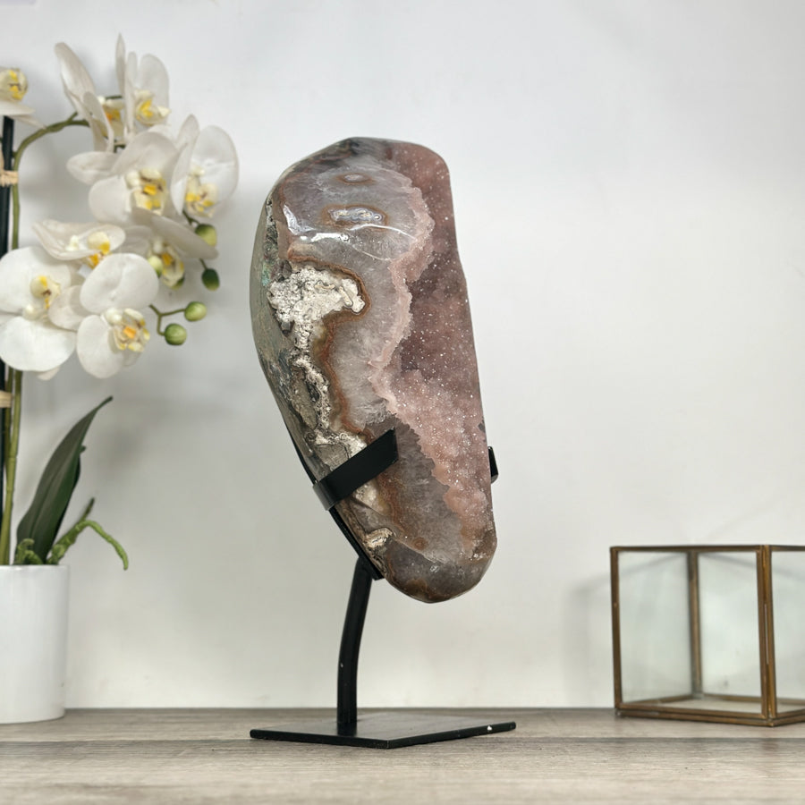 Quartz Geode with Pink Druzy Crystals – Natural Stone Display Specimen - MWS2803