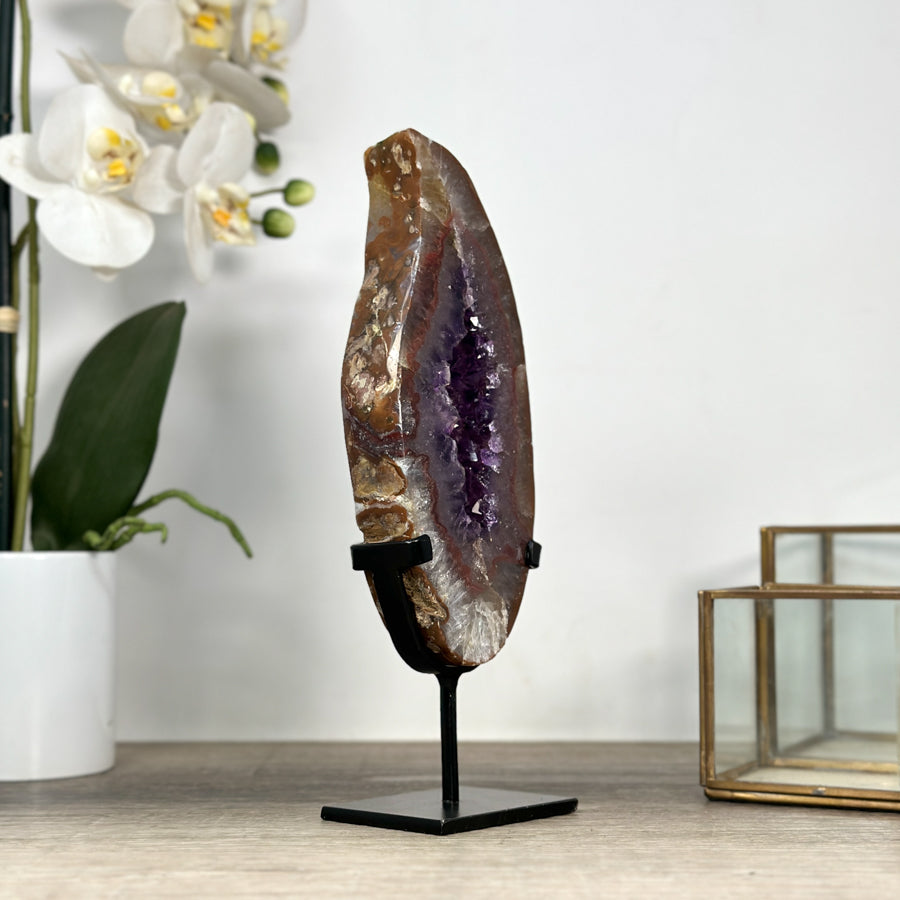 Natural Amethyst &amp; Quartz Geode Slice with Metallic Stand - MWS2238
