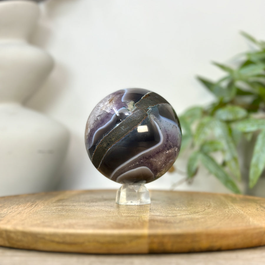 Amethyst &amp; Agate Sphere Geode with Druzy Cavity - SPH0229
