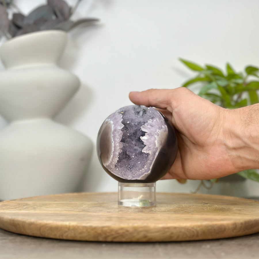 Amethyst &amp; Agate Sphere Geode with Druzy Crystal Cavity - SPH0176