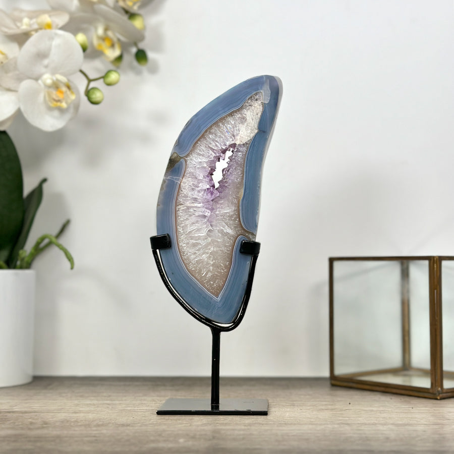 Blue Banded Agate Stone Slice on Metal Stand - MWS3002