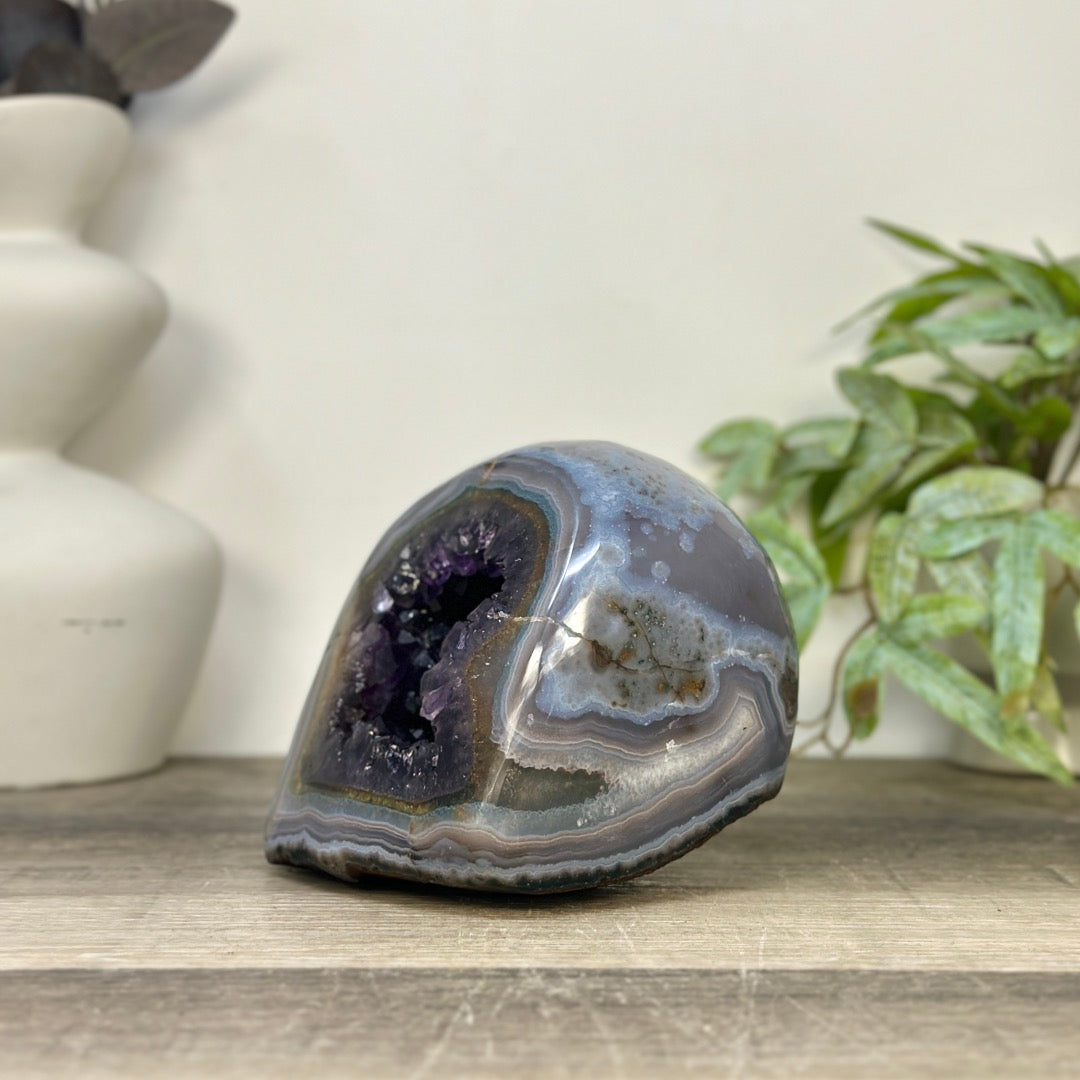 Deep Purple Amethyst &amp; Blue Banded Agate Stone Geode from Uruguay - STGE0063