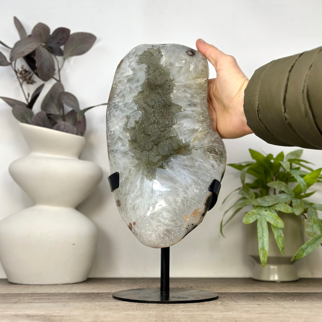 XXL Natural Green Sugar Quartz Specimen Statement Piece on Metal Stand - MWS3366
