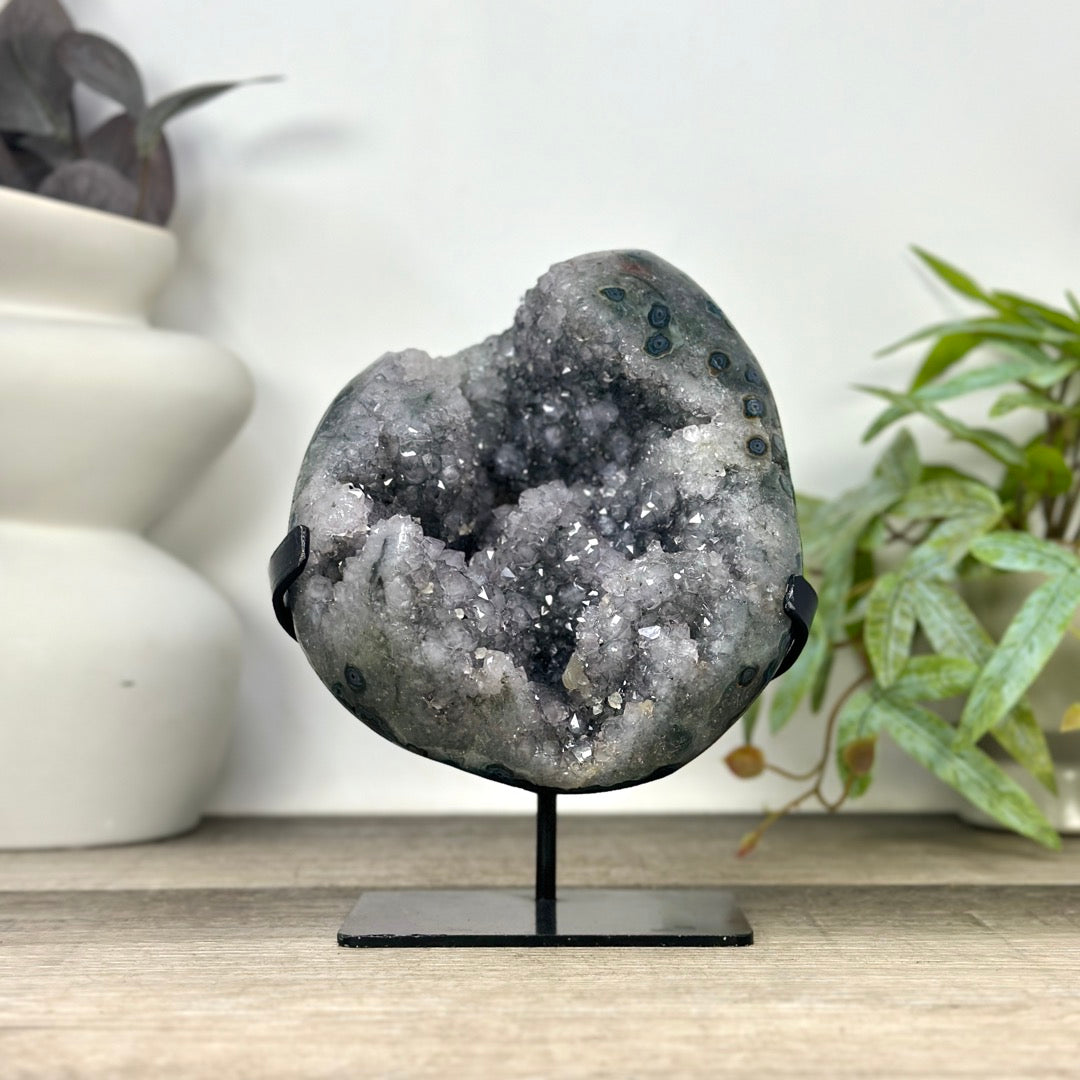 Grey Quartz Geode from Uruguay - Stand included - MWS3293