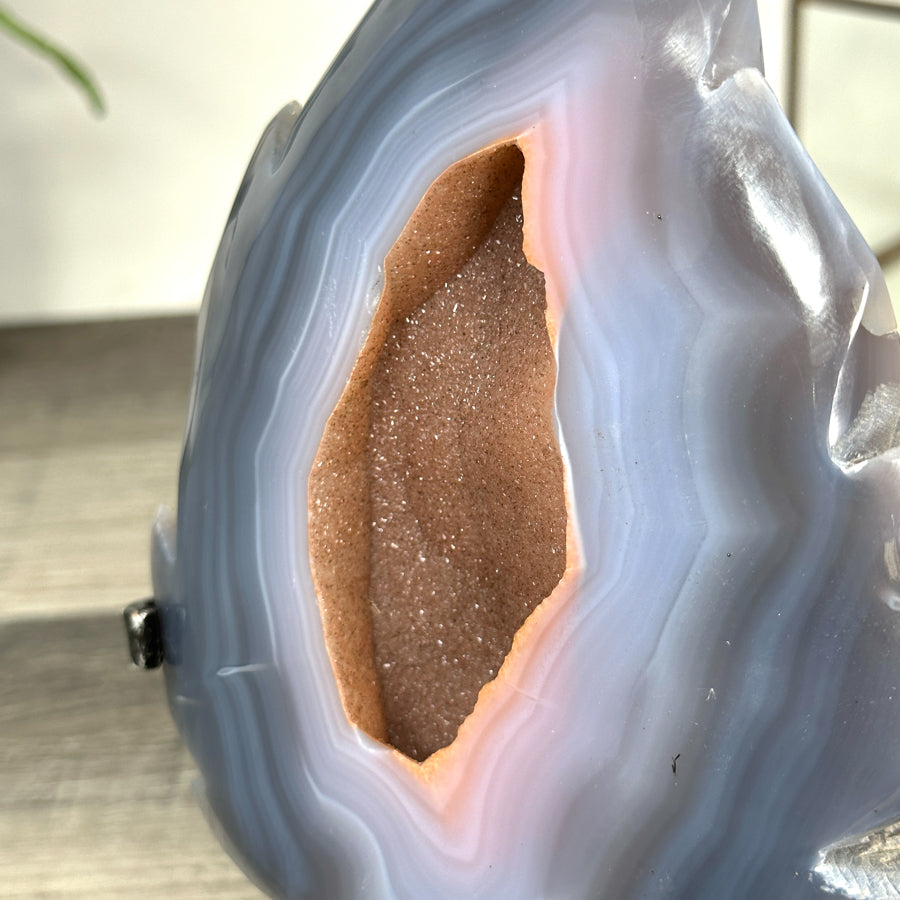 Natural Blue Banded Agate Geode Stone Leaf Carving with Orange Druzy Interior - MWS2807