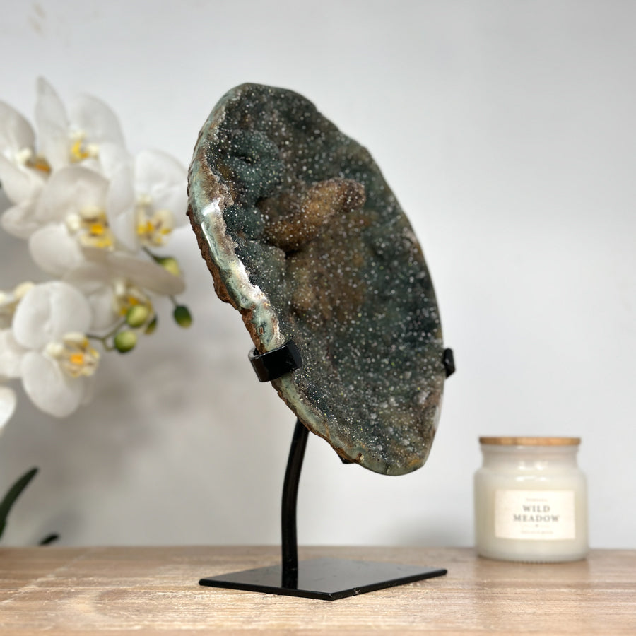 Unique Large Green Sugar Druzy Mineral Specimen with Metallic Stand - MWS1493