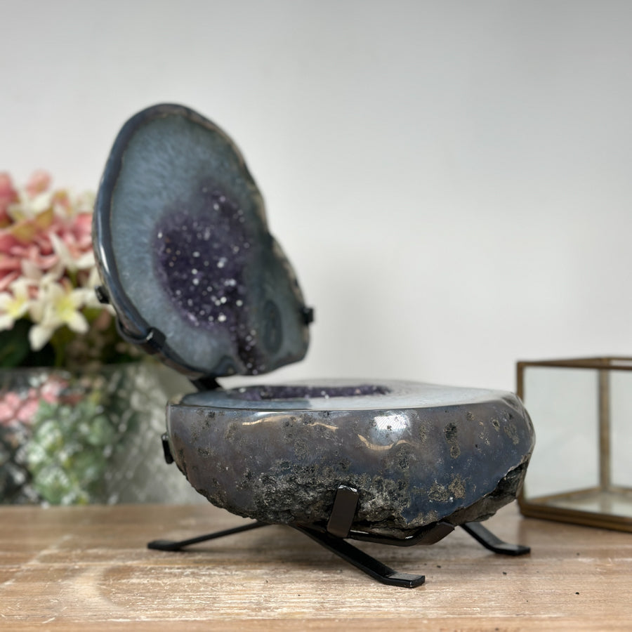 Amazing Natural Agate &amp; Amethyst Geode Cave, Jewelry Box with Metal Stand - MWS1086