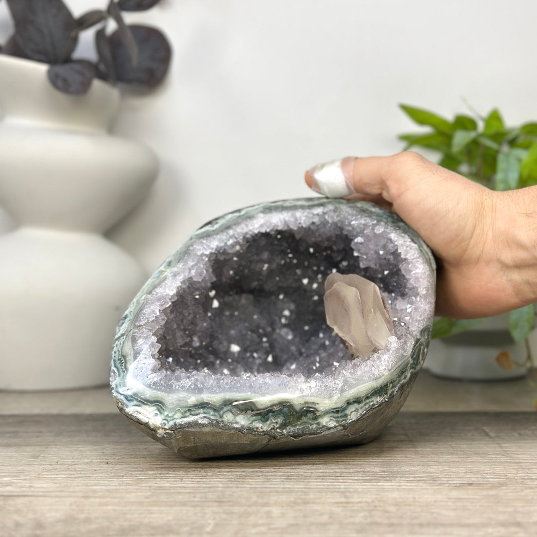 Natural Quartz &amp; Green Jasper Stone Geode with Calcite Formation - STGE0031