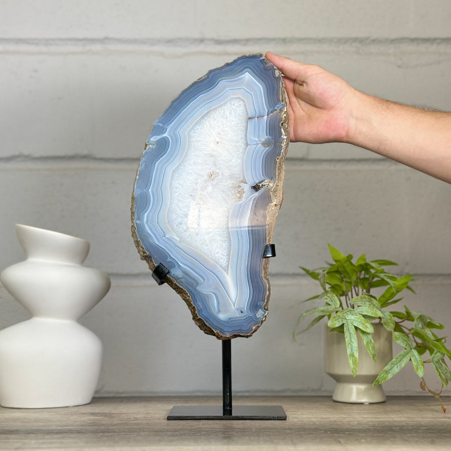 XXL Natural Blue Banded Agate &amp; Quartz Stone Slice on Stand - MWS3043