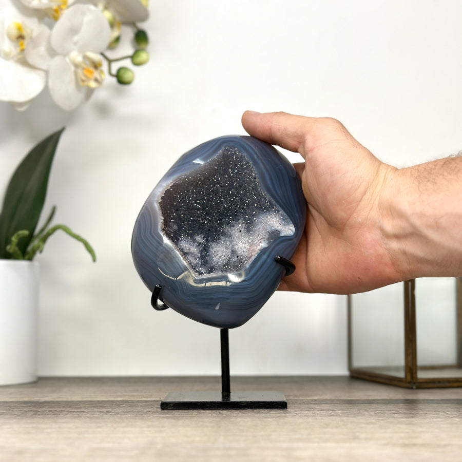 Agate Geode with Druzy Crystals on Stand – Natural Stone Display Piece - MWS2862