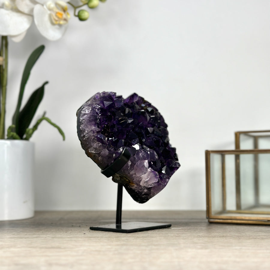 Natural Amethyst Crystal Heart, Metal Stand Included - HST0314