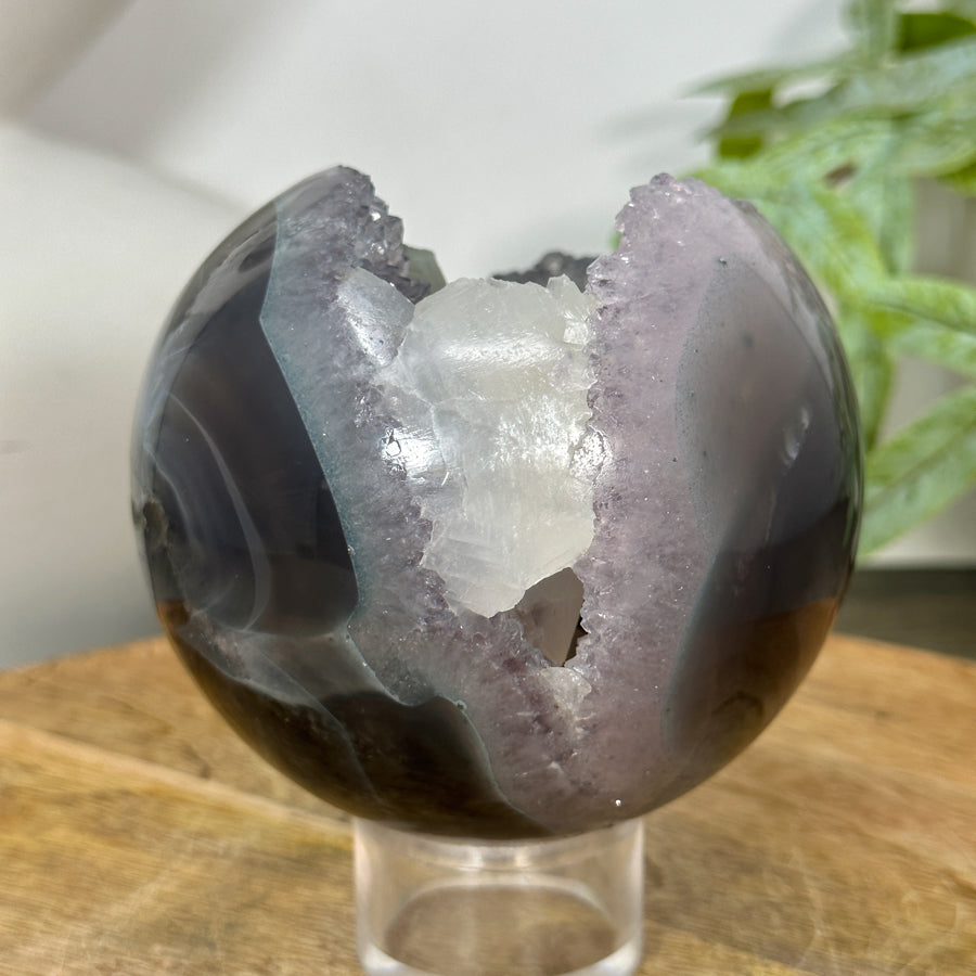 Quartz &amp; Agate Sphere Geode with Calcite Crystal Formation - SPH0149