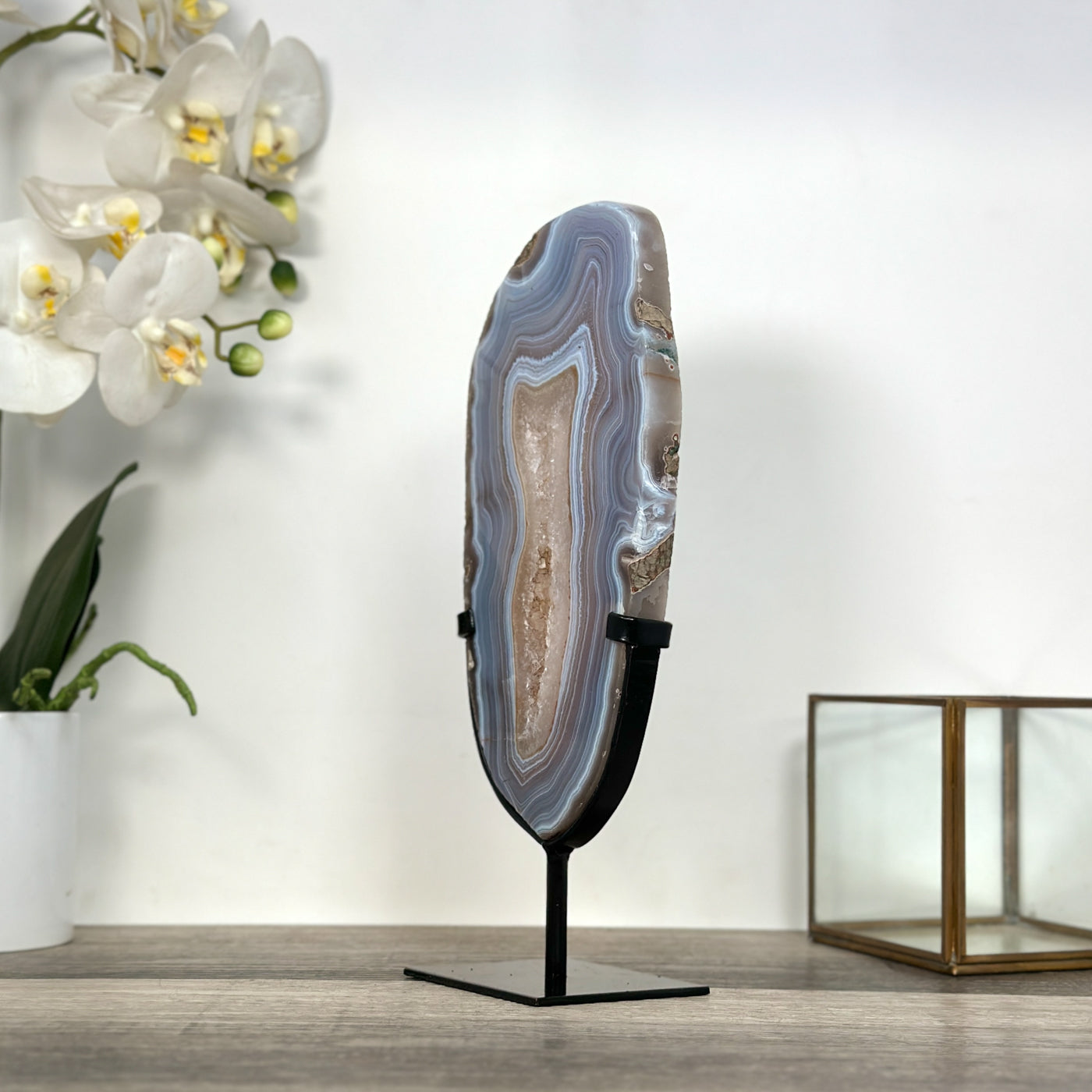 Blue Banded Agate Slice on Stand – Home Decor Display Specimen - MWS2663