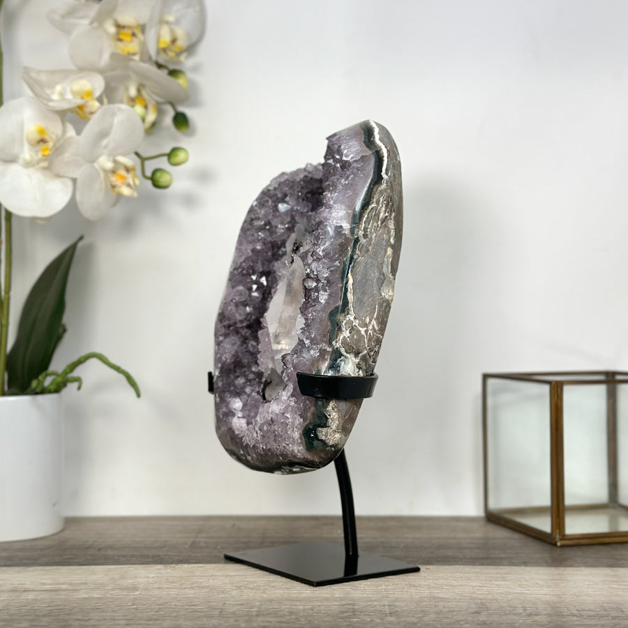 Uruguayan Amethyst Geode with Calcite on Metal Stand – Unique Crystal Display - MWS2705
