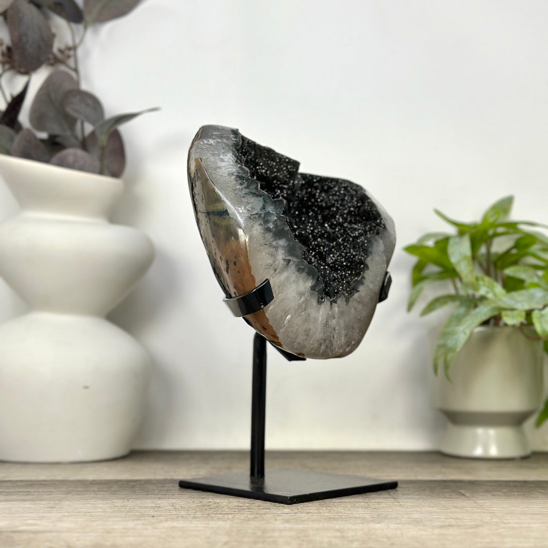 Unique Natural Black Amethyst Geode on Metal Stand - MWS3387