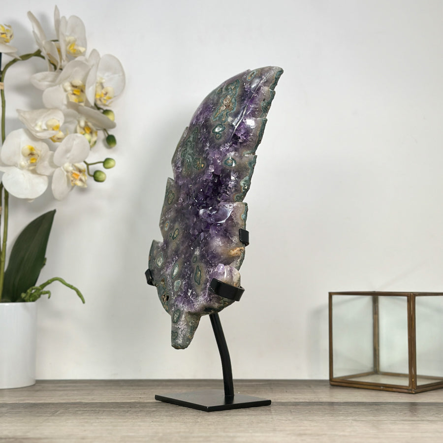 Amethyst Leaf Carving on Stand with Deep Purple Crystals - MWS2813