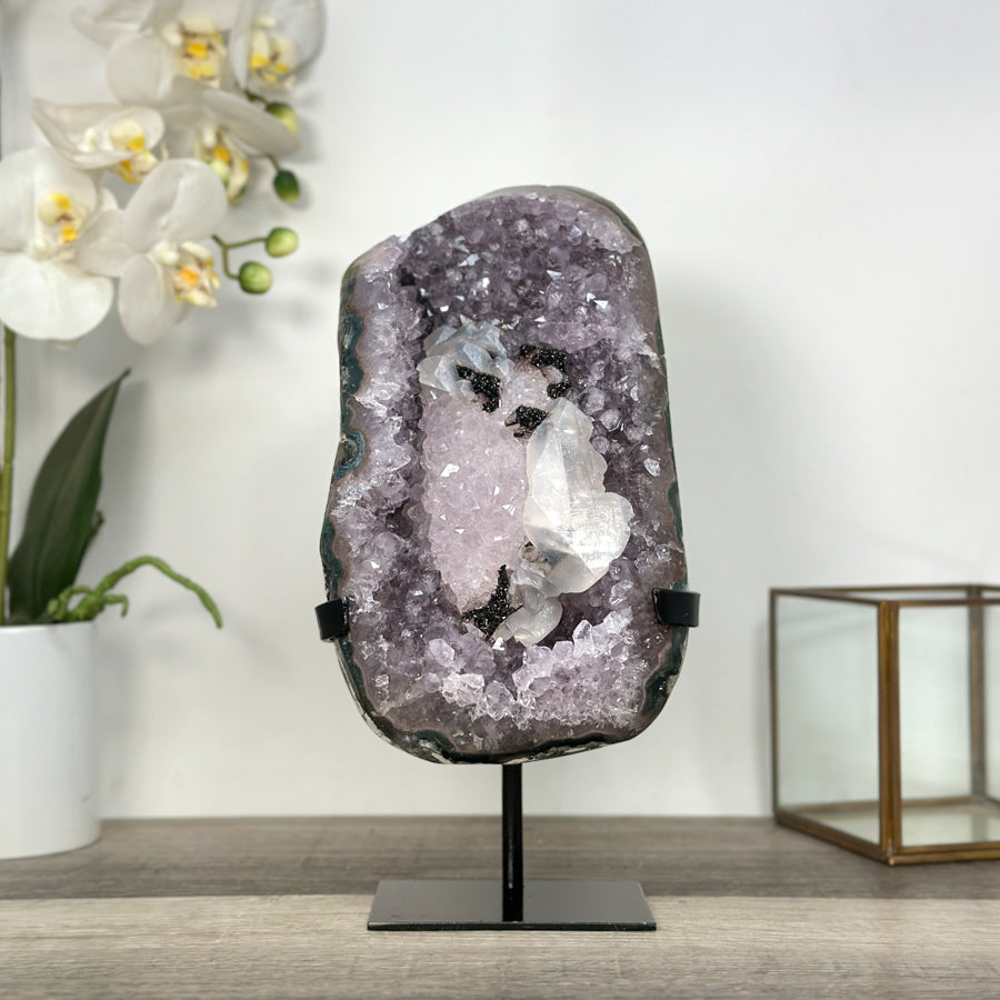 Uruguayan Amethyst Geode with Calcite on Metal Stand – Unique Crystal Display - MWS2705
