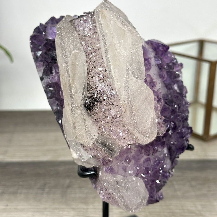 Natural Calcite &amp; Amethyst Specimen on Metallic Stand - MWS2766