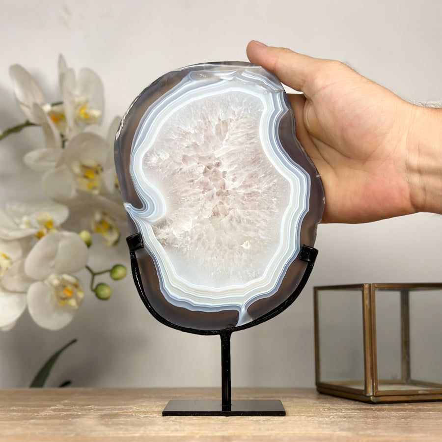 Blue Agate &amp; Quartz Slice with Base – Polished Uruguayan Gemstone for Desk or Studio - MWS2008