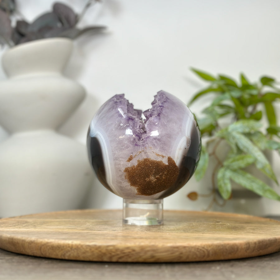 Amethyst &amp; Banded Agate Sphere Geode with Druzy Crystal Cavity - SPH0182