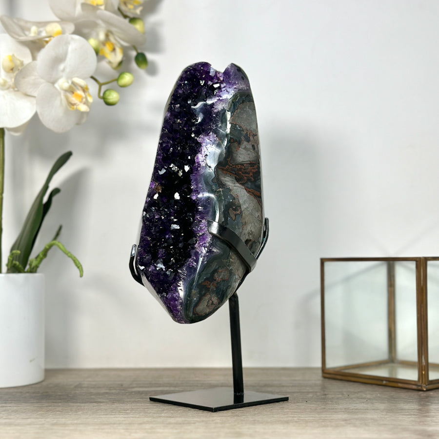 Top Grade Natural Amethyst Geode, Deep Purple Crystals, Stand included - MWS2483