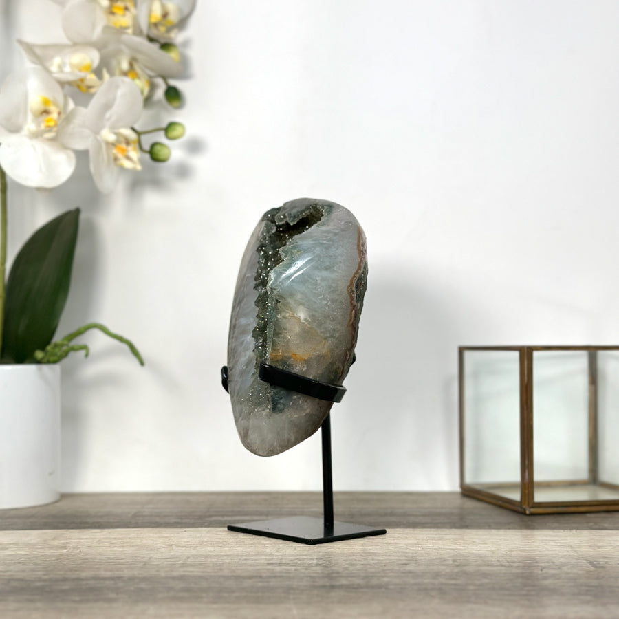Polished Green Sugar Quartz Specimen on Black Metal Stand - MWS2726