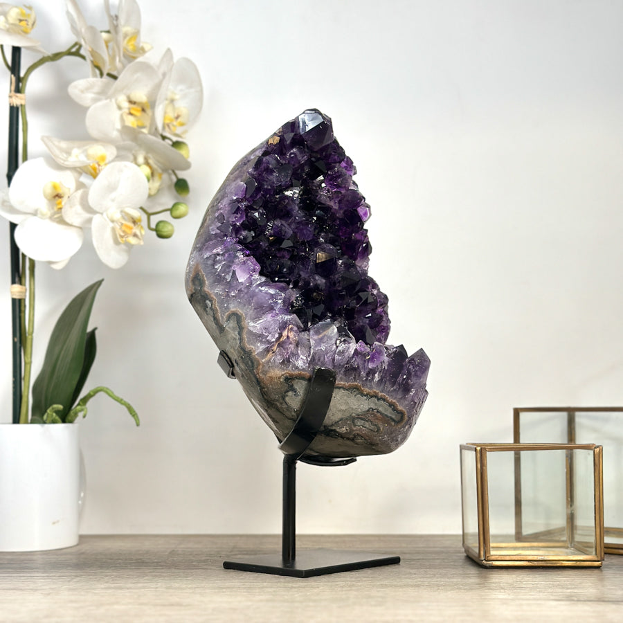 Large Deep Purple Amethyst Cluster on Metal Stand – Statement Crystal for Home Décor - MWS2395