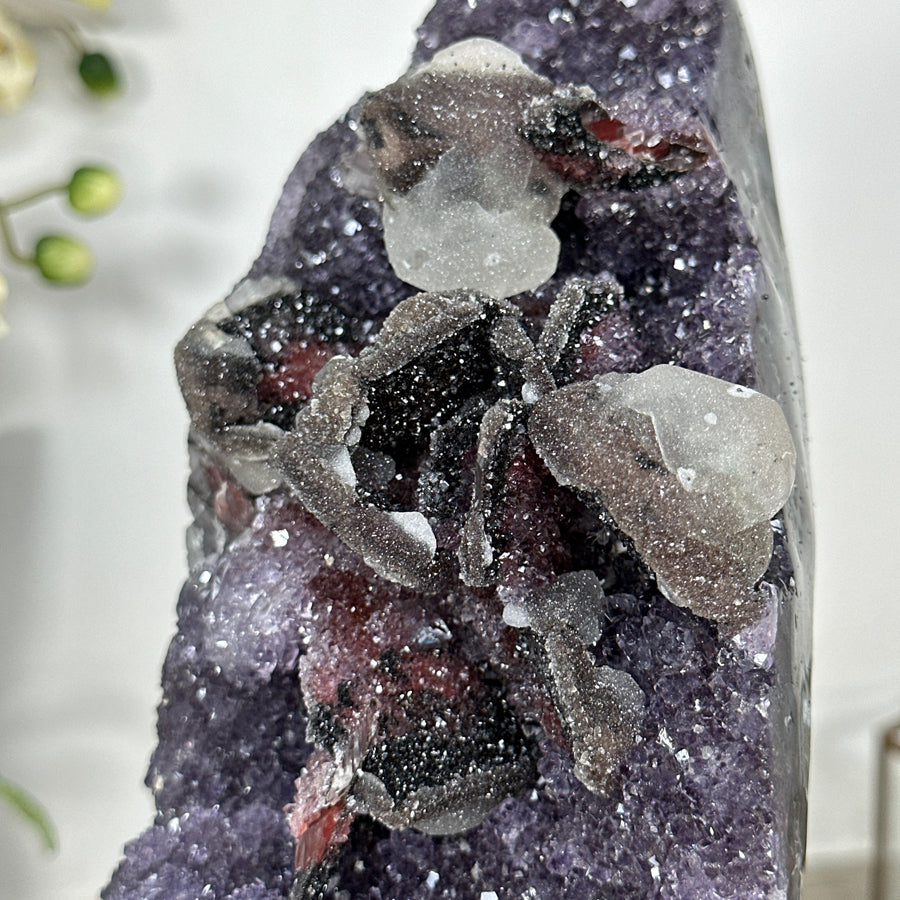 Unique Large Amethyst Cluster with Beautiful Calcite &amp; Black Hematite Formation - MWS1803