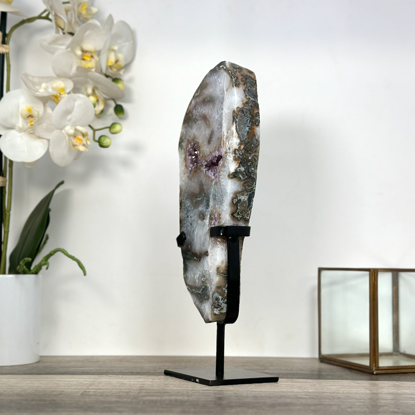 Natural Agate Slice with Amethyst Crystal Cavities for Home Decor Display - MWS2664