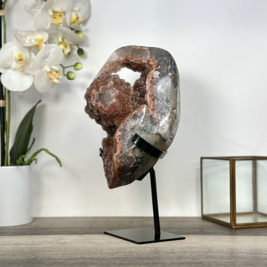 Unique Orange Sugar Druzy Crystal on Metal Stand – Stunning Natural Stone for Meditation Space Decor - MWS2707