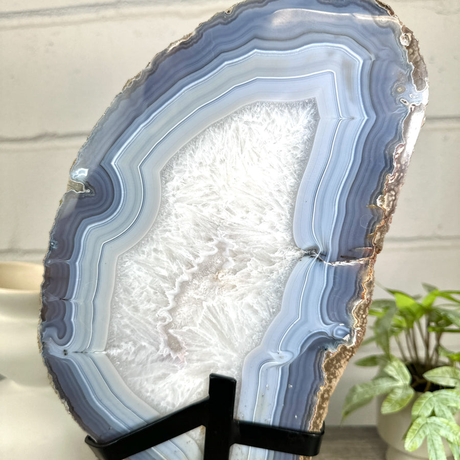 XXL Natural Blue Banded Agate &amp; Quartz Stone Slice on Stand - MWS3042