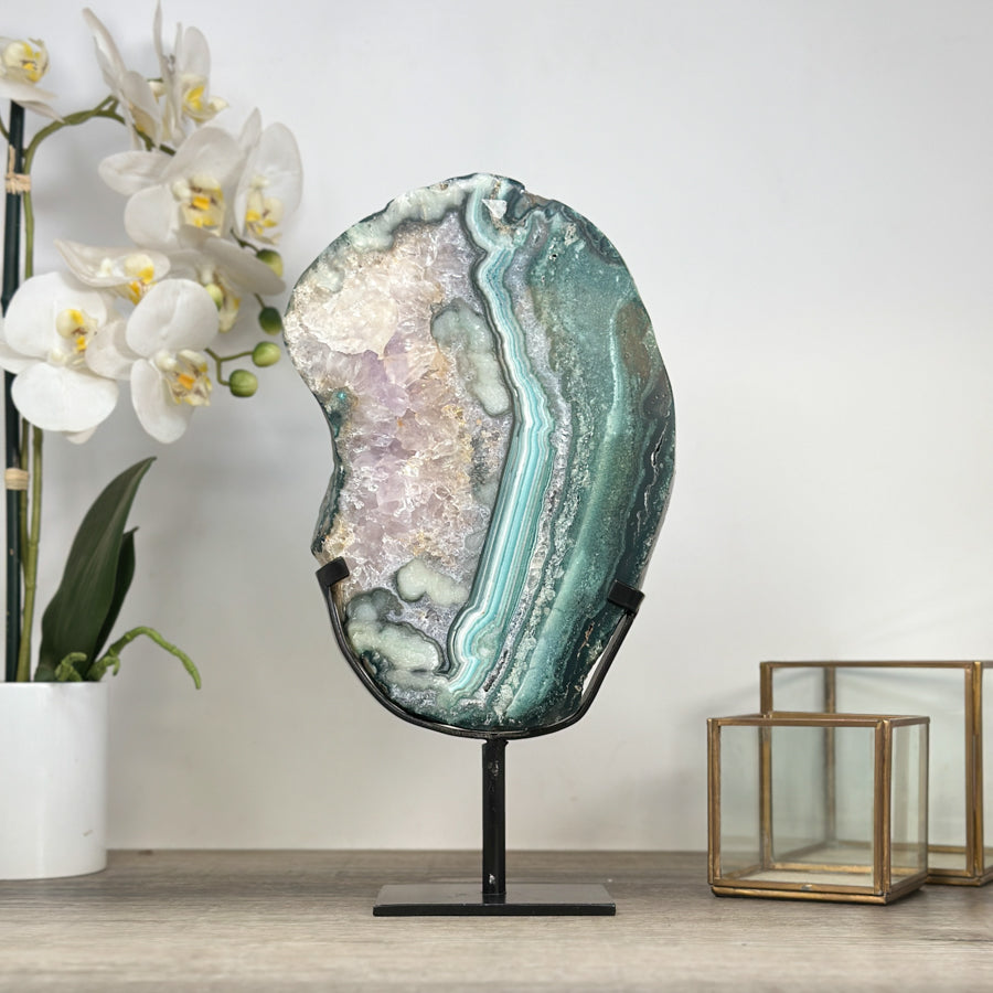 Natural Green Jasper &amp; Quartz Slice with Metallic Stand - MWS2246