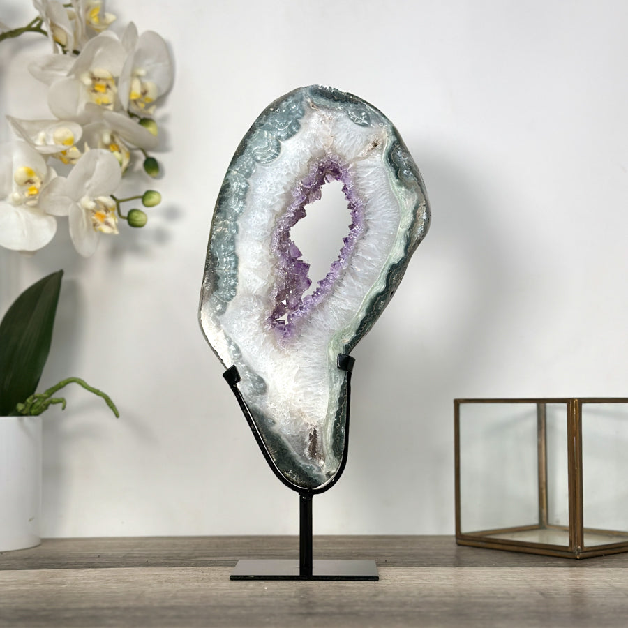 Amethyst &amp; Green Jasper Geode Slice With Metal Stand - MWS2743