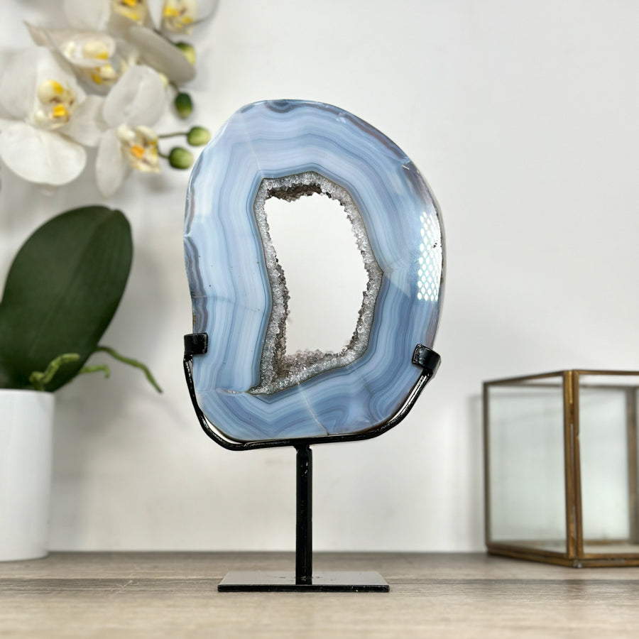 Natural Blue Banded Agate Portal with Metallic Stand - MWS2916
