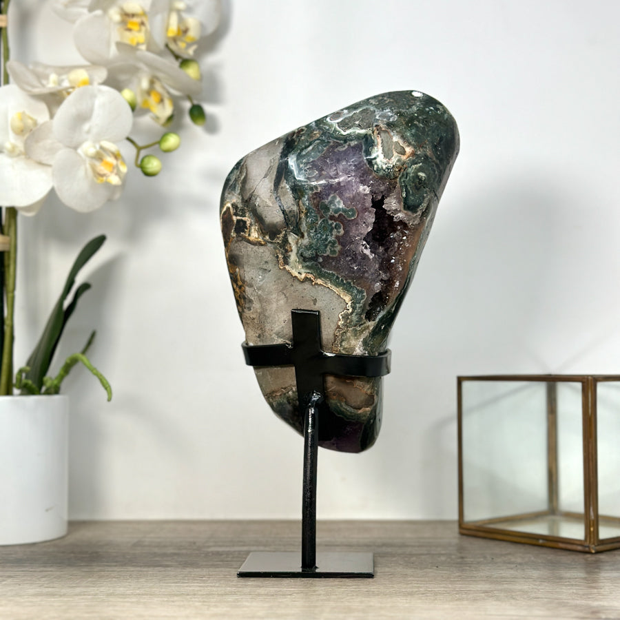 Natural Deep Purple Amethyst with Calcite Crystal Formation - Stand Included - MWS2485