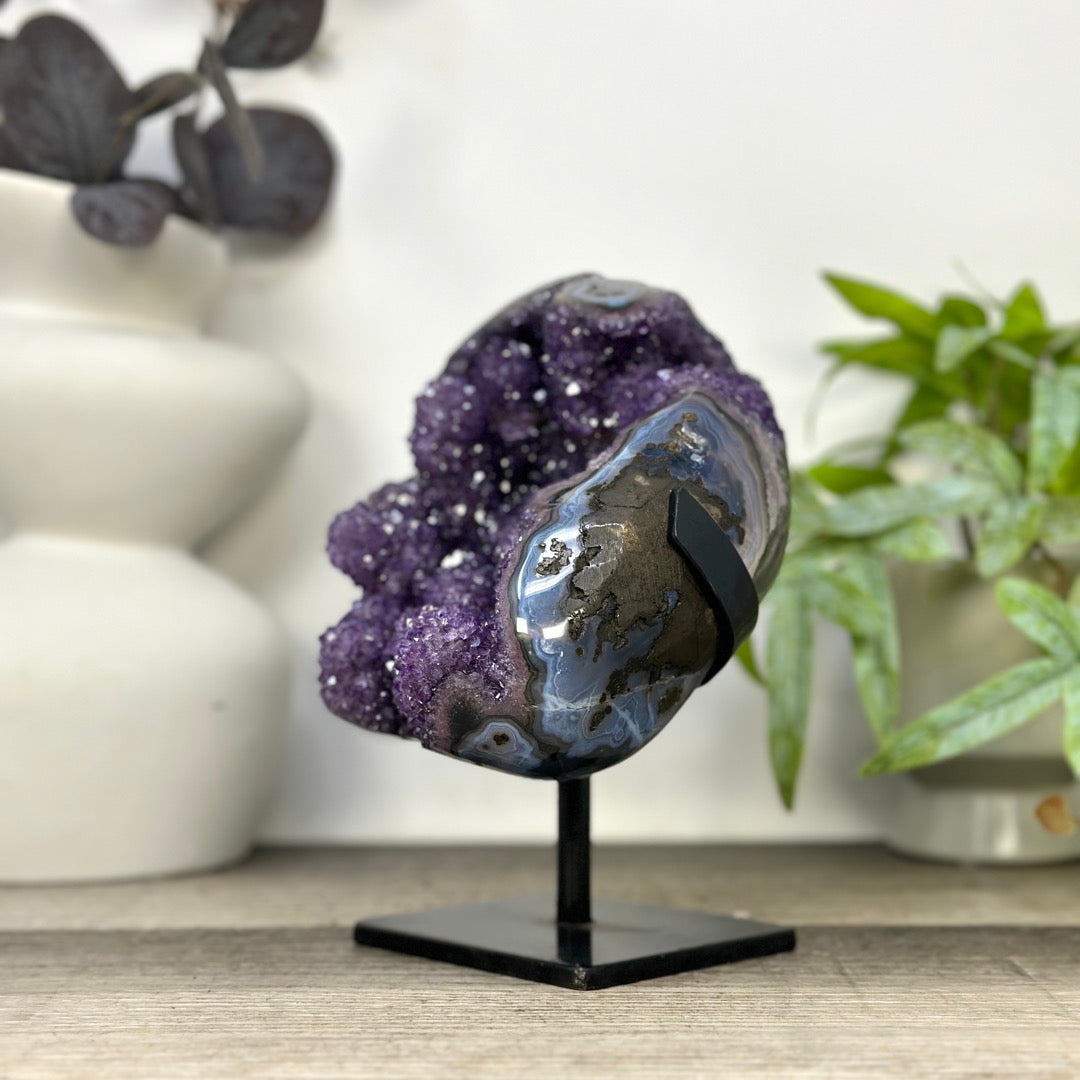 Natural Amethyst &amp; Calcite Formation with Stalactites and Blue Agate Shell - MWS3287