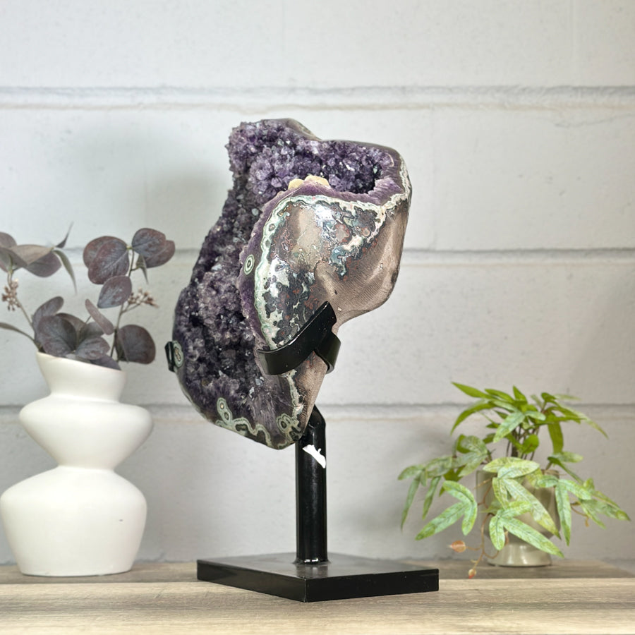 Uruguayan Amethyst Specimen with Green Jasper Shell &amp; Calcite Formation - MWS3148