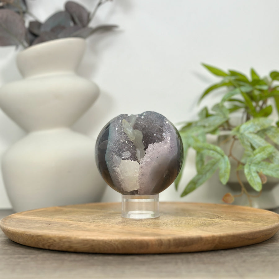 Quartz &amp; Agate Sphere Geode with Calcite Crystal Formation - SPH0149